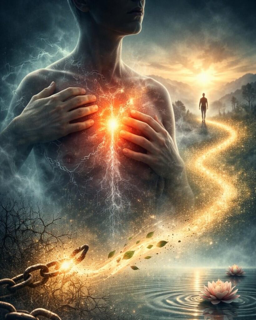 Symboliczne przedstawienie bólu psychosomatycznego – napięcie w ciele i proces uwalniania emocji dzięki hipnoterapii w Kielcach.