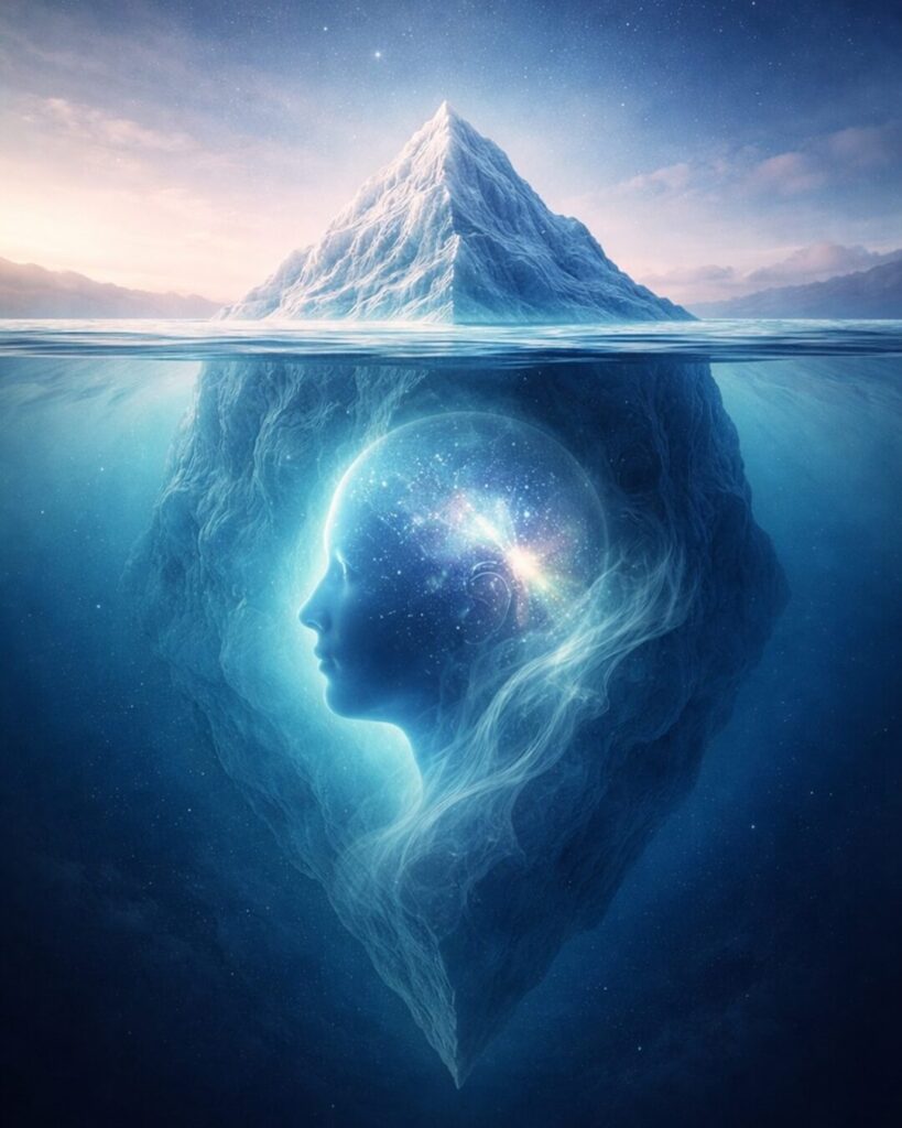 Góra lodowa z profilem ludzkiej głowy symbolizująca podświadomość i działanie umysłu w kontekście hipnoterapii