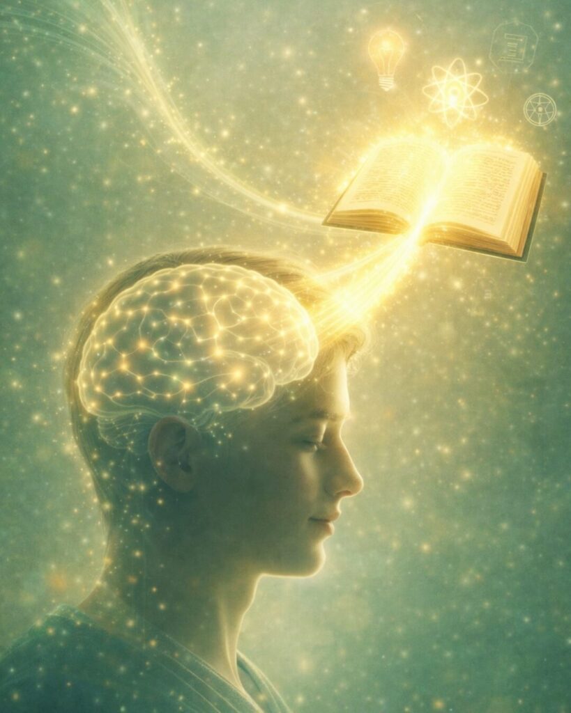 Świecąca książka połączona z mózgiem symbolizująca skuteczne uczenie się i koncentrację dzięki hipnoterapii w Kielcach